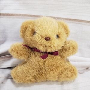 Vintage Russ Tan Teddy Bear Mini Stuffed Toy Wine Bow 4 Inch #561